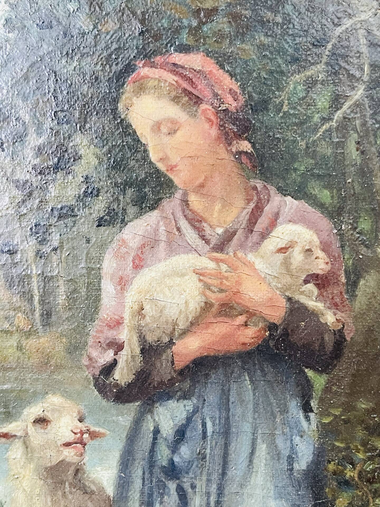 Oil painting on panel of a shepherdess with lambs after J.B. Hofner X