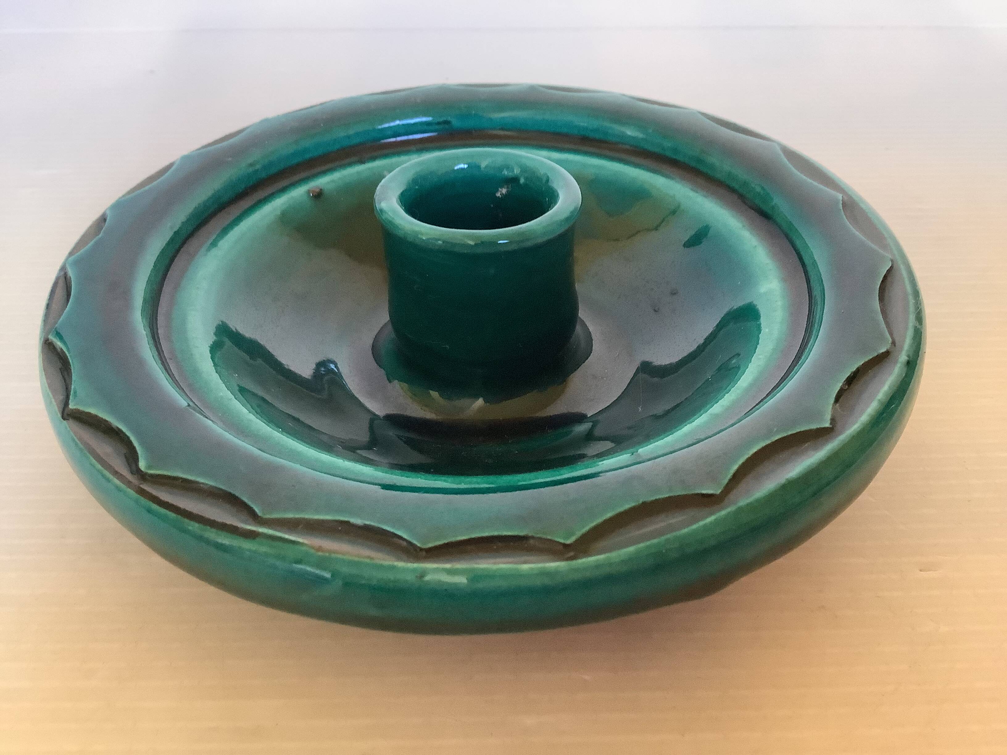Green ceramic cellar rat candlestick