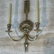 Pair of Two-Arm Bronze Wall Lights with Arrow and Mask Decoration
