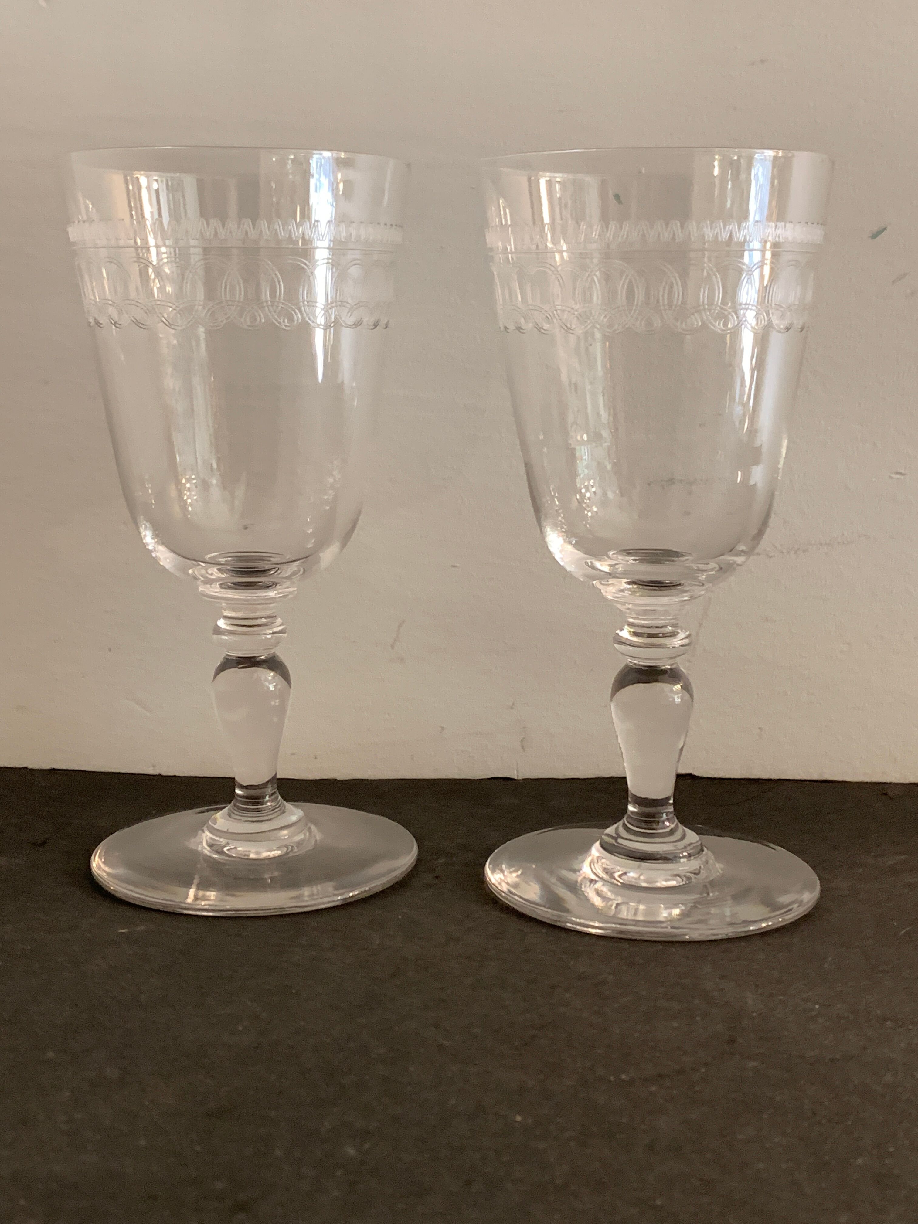 6 antique engraved crystal wine glasses