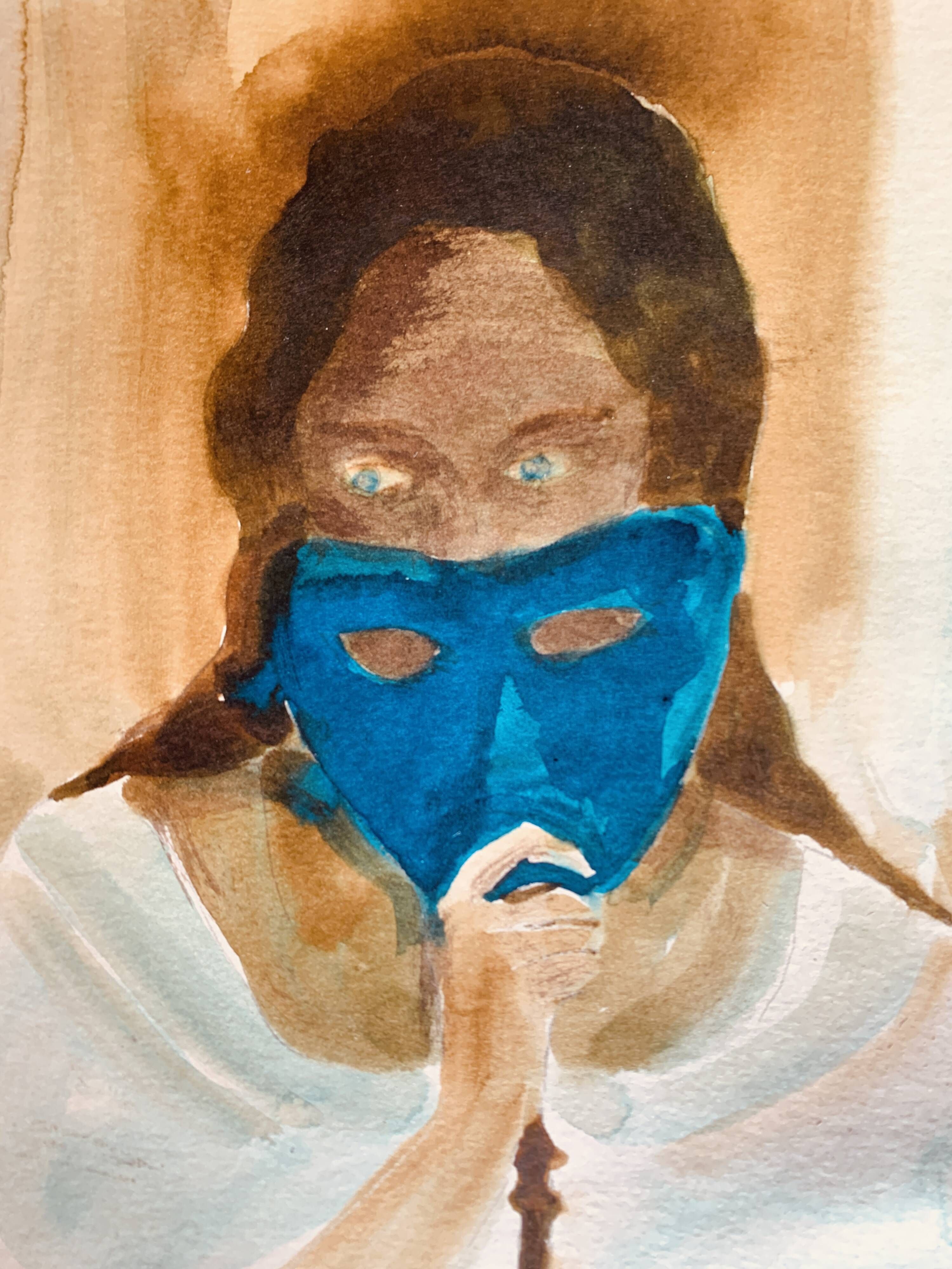 Signed painting of a female portrait at the Carnival of Venice "the blue mask"