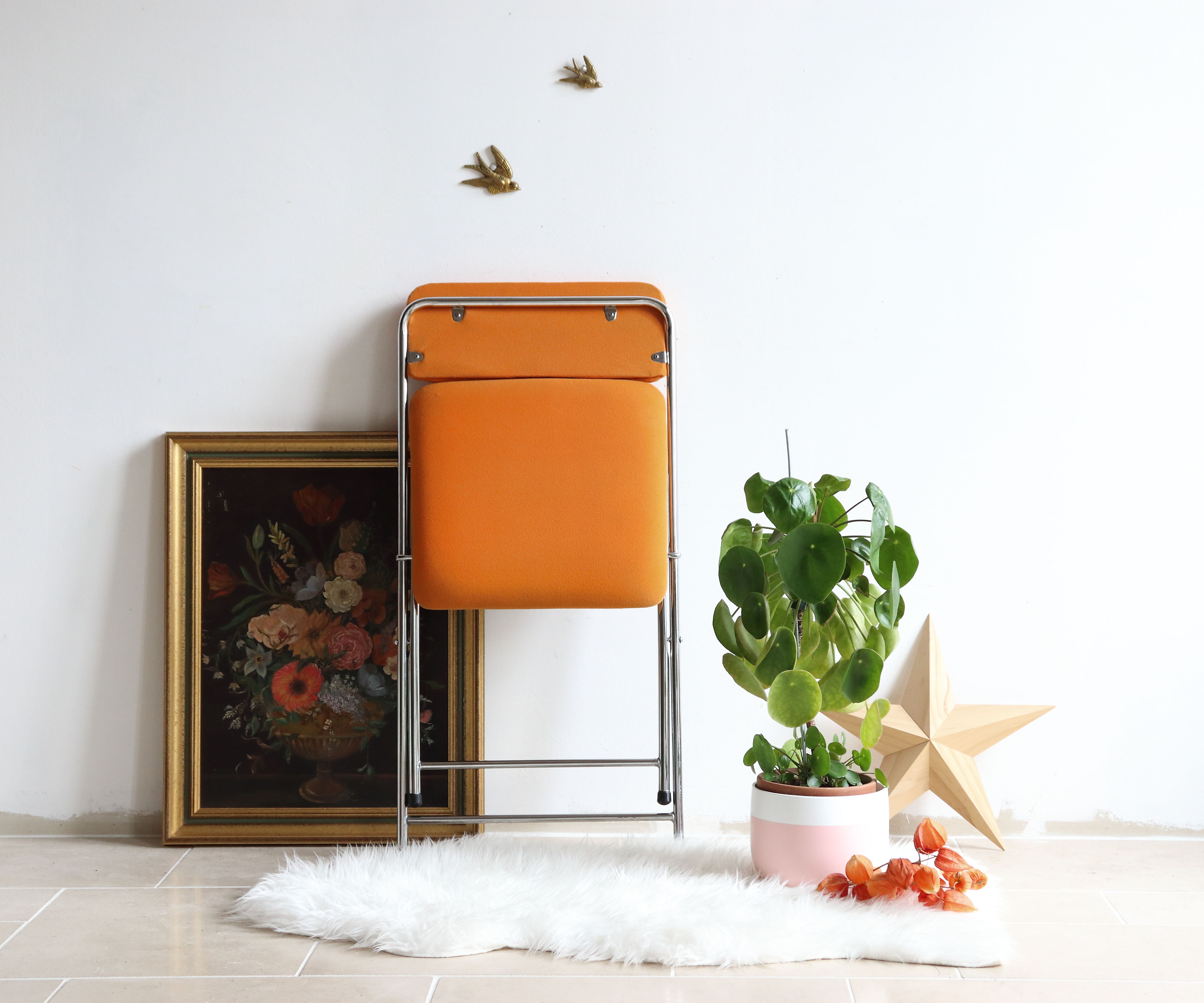 Folding chair in chrome metal and orange fabric 1970