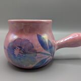 Iridescent pink frying pan, blue flower decoration