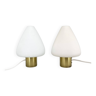 Pair of Mid-century Brass & Opaline Glass Table Lamps by Kamenicky Senov, 1960s