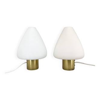 Paire de lampes de table vintage en laiton et verre opalin par Kamenicky Senov, 1960s