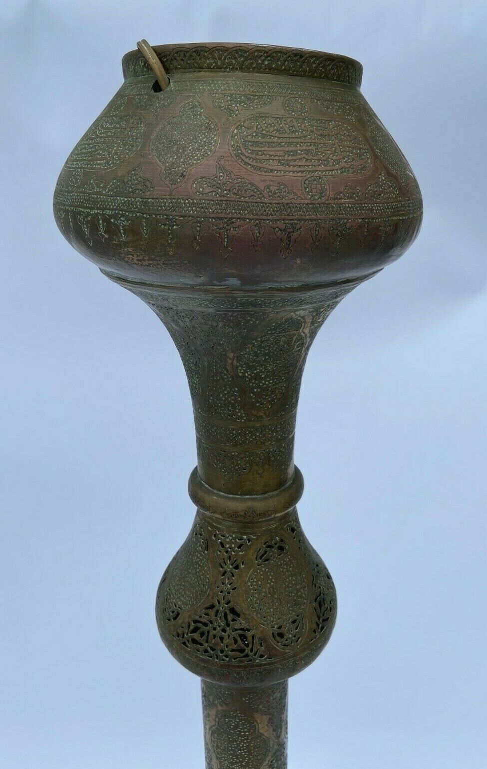 Oriental brass lamppost severe late 19th beautiful patina