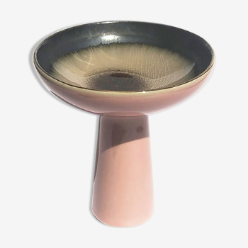 Brown/pink enamelled stoneware dessert dish on stand