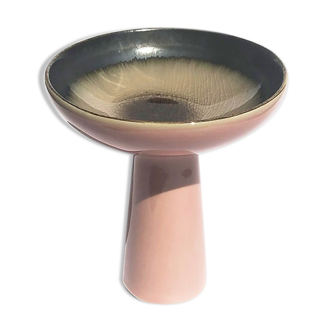 Brown/pink enamelled stoneware dessert dish on stand