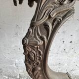 Console victorienne en demi-lune en métal brun avec plateau en marbre blanc veiné