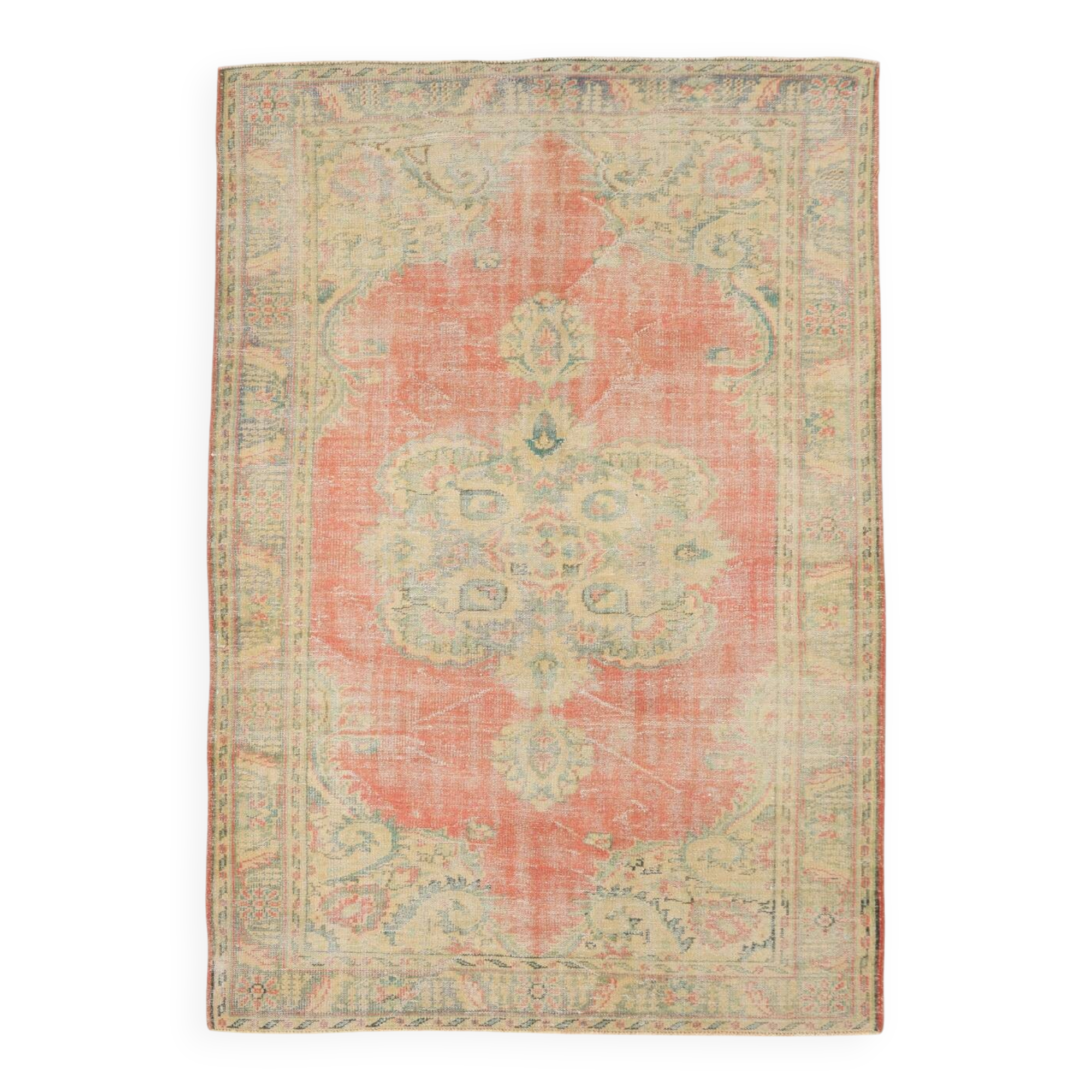 6x9 Soft Beige & Red Geometric Vintage Rug, 181x260 Cm