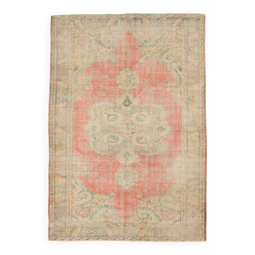 6x9 Soft Beige & Red Geometric Vintage Rug, 181x260 Cm