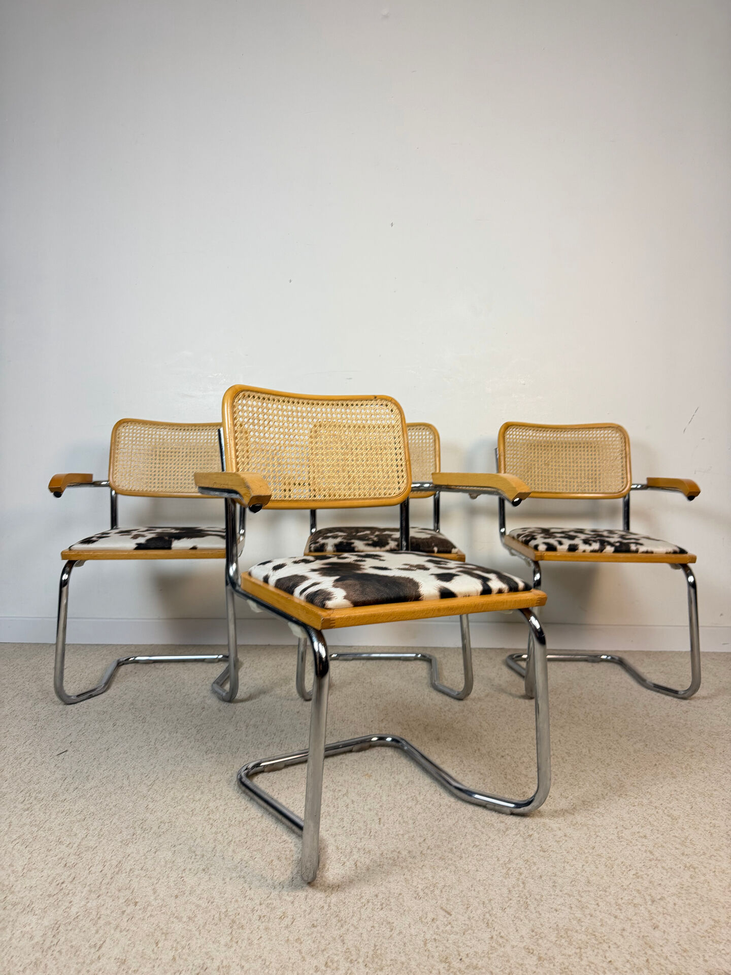 4 fauteuils cannés chrome et bois années 70