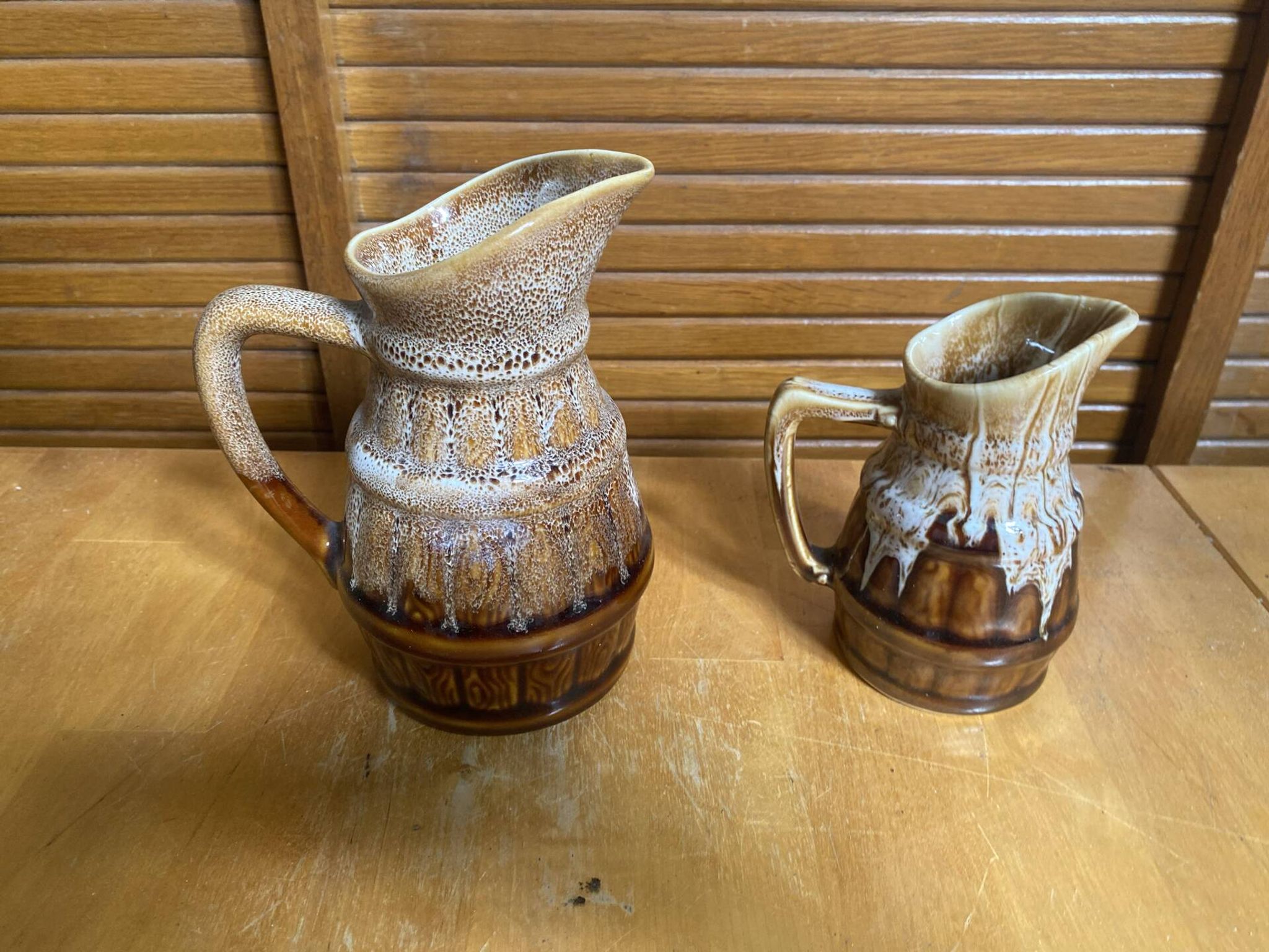 Pair of Barrel-Shaped Pitchers REVOL Flamed Ceramic 1/4 Litre Vintage