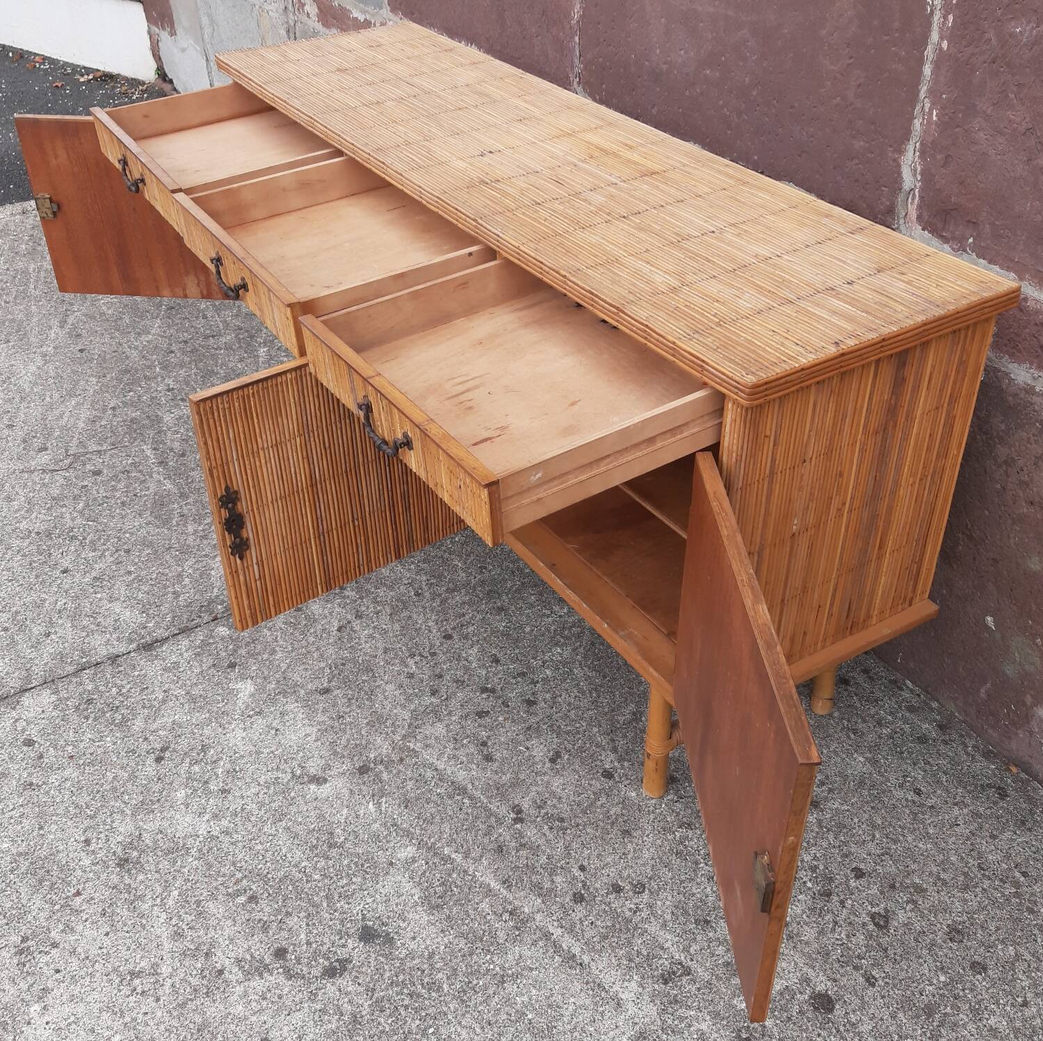 Console table in rattan and bamboo, (Attributed to Audoux-Minet)
