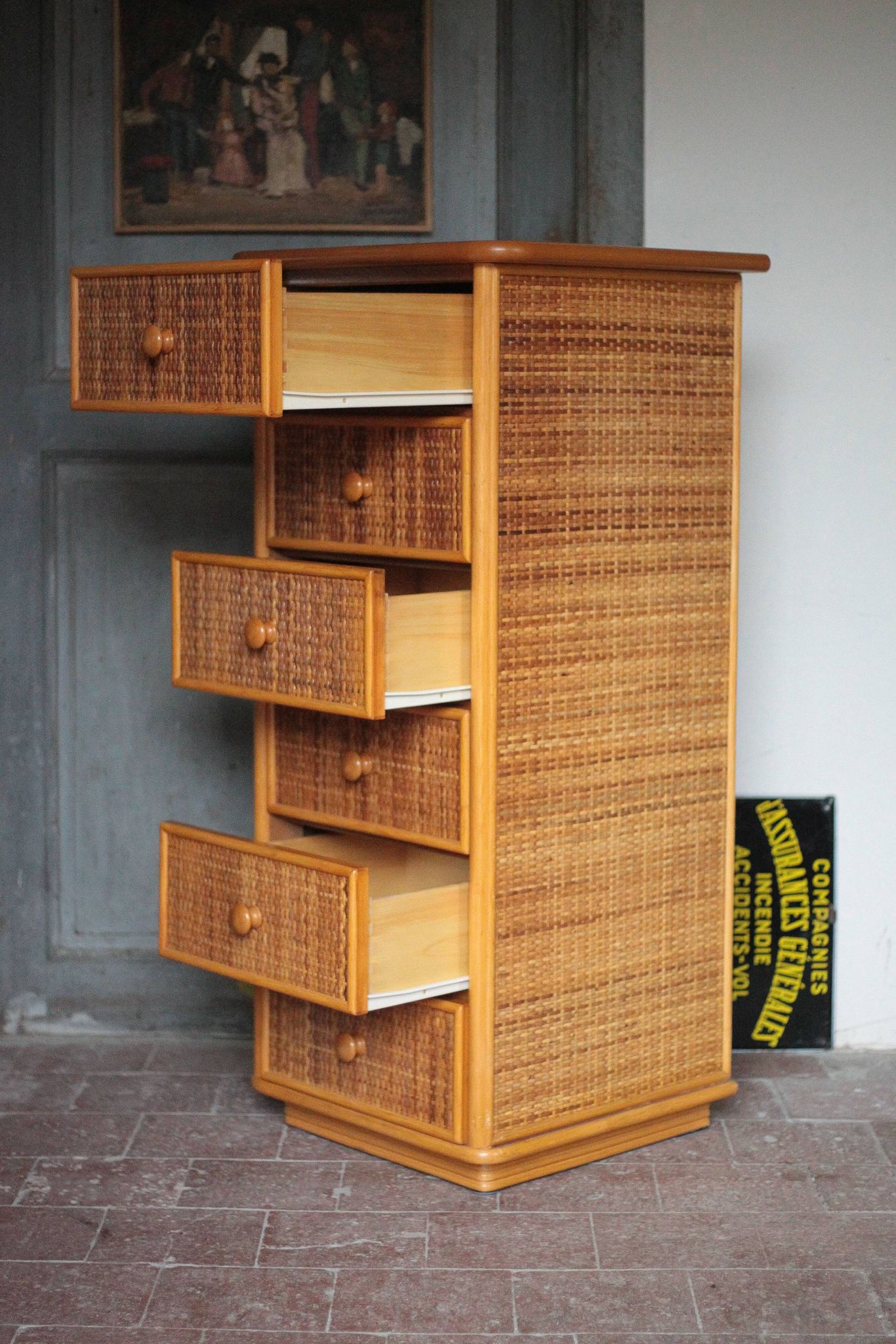 Vintage chest of drawers, Maugrion rattan weekly organizer for Roche Bobois