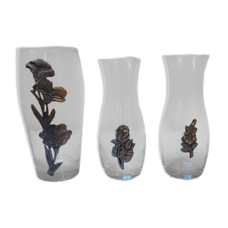 Small glass vases with pewter decoration