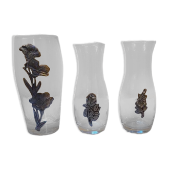 Vases en verre décor étain