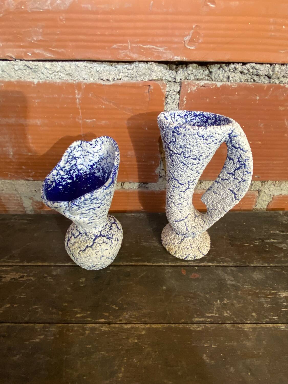 Pair of Snowstone Vases Ceramic White Blue France Vintage #D55