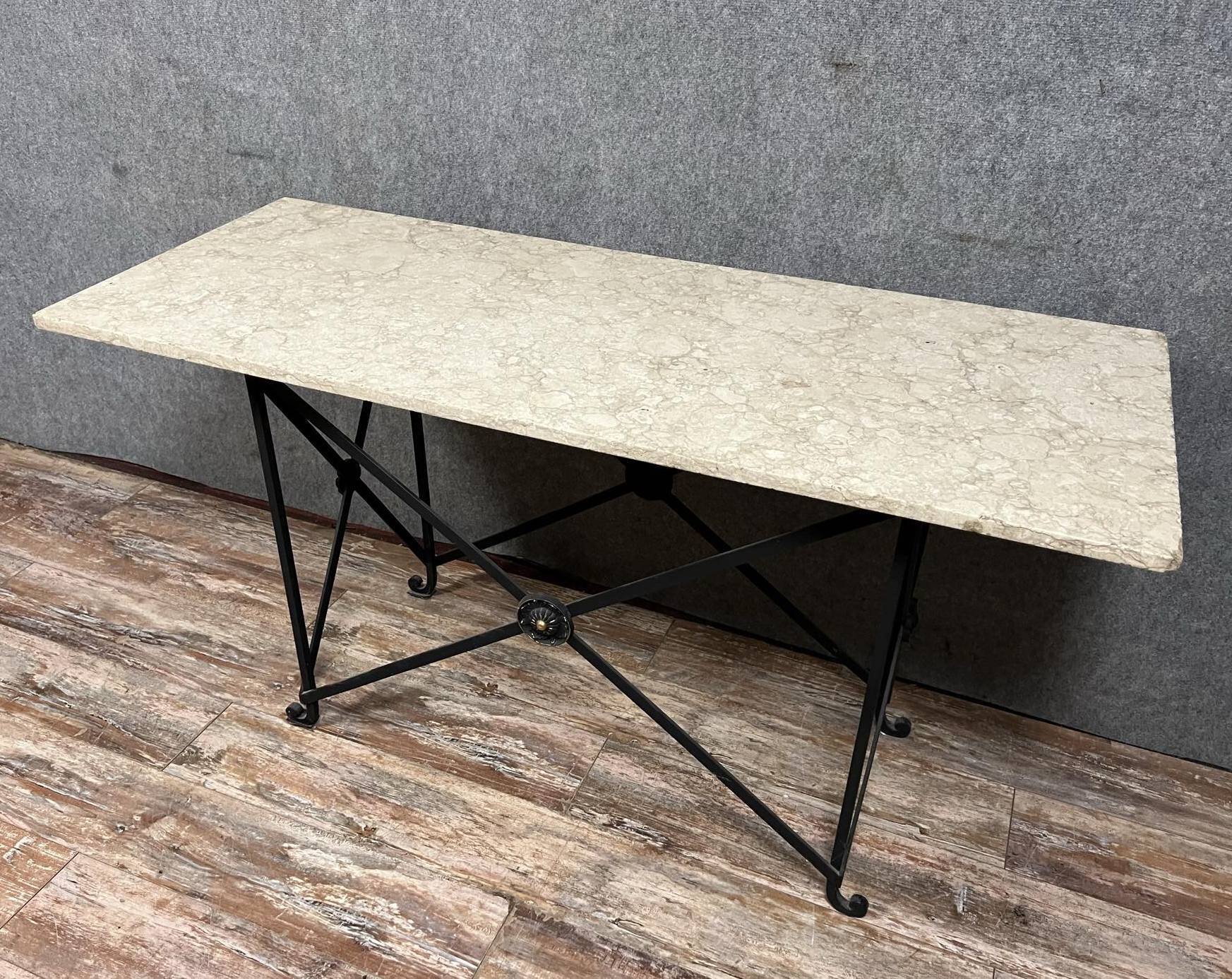 Superb Art Deco period console in iron and Carrara marble circa 1930