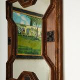 Miroir italien mid-century – cadre en bois patiné et éléments en fer forgé