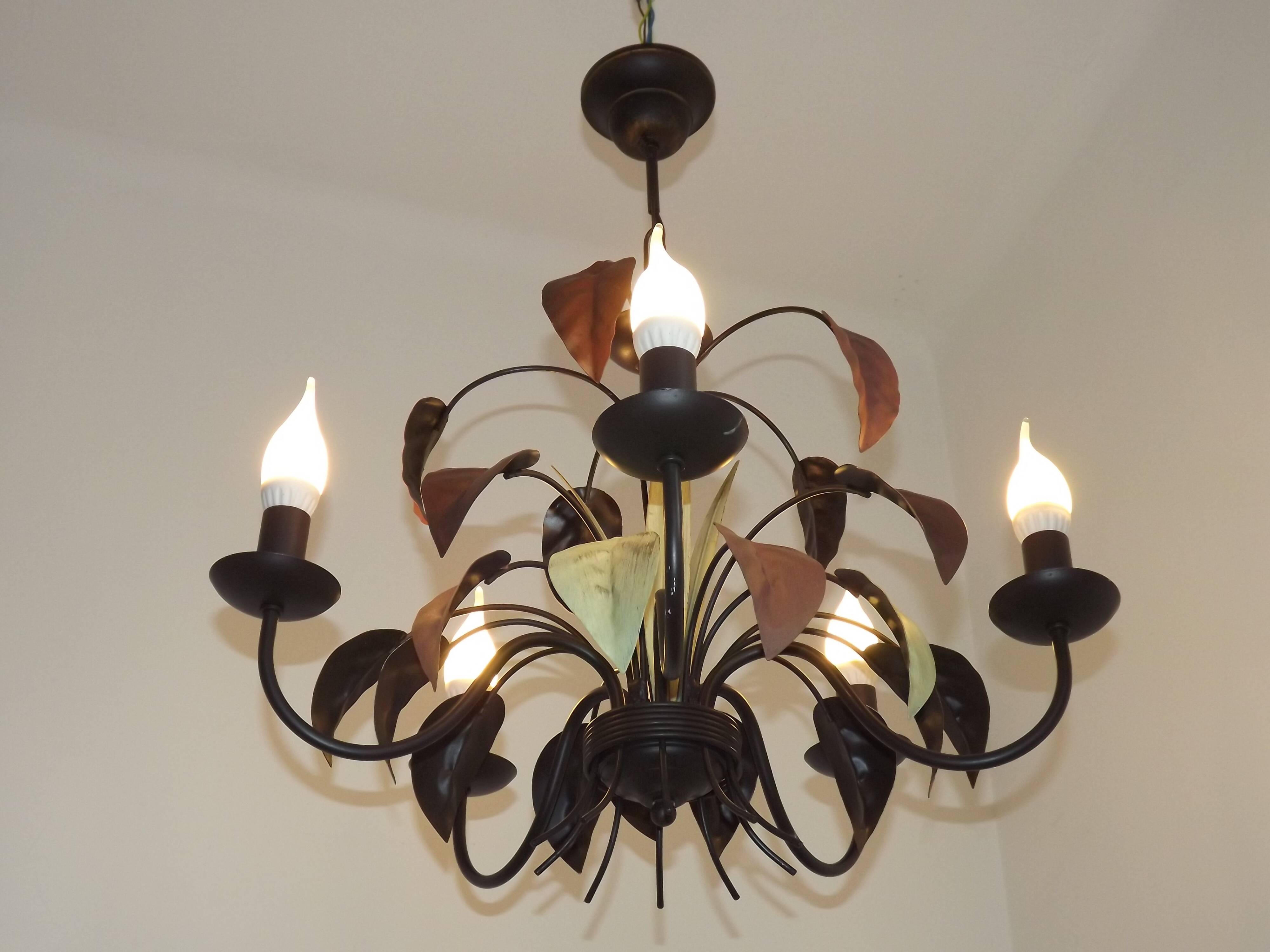 French Vintage 5 Light Brown & Green Tied Boquet Leaf Chandelier