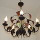 French Vintage 5 Light Brown & Green Tied Boquet Leaf Chandelier
