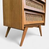 Chiffonnier vintage en rotin et pieds compas 1950