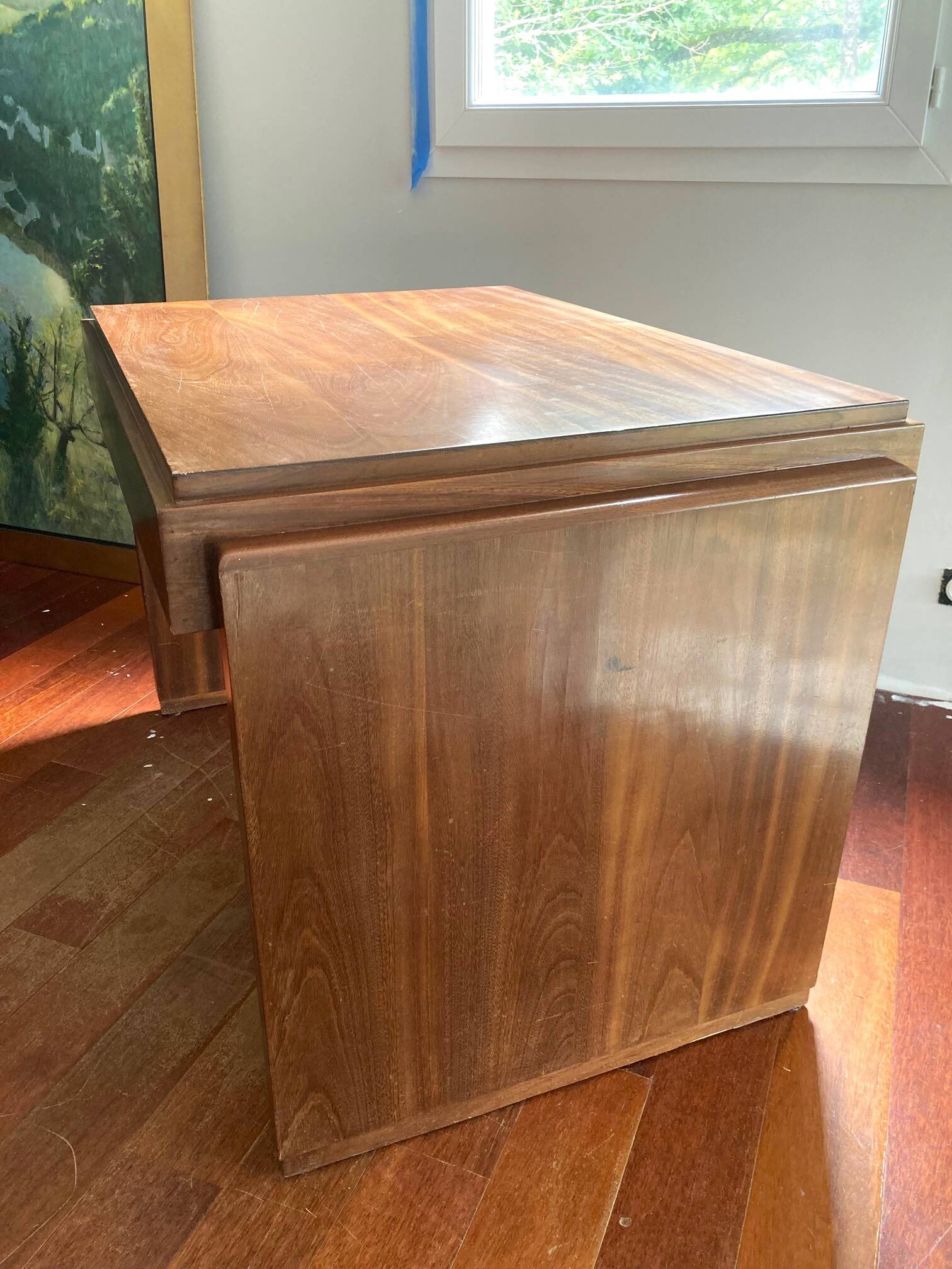 Walnut and mahogany desk, 1930s-1940s.