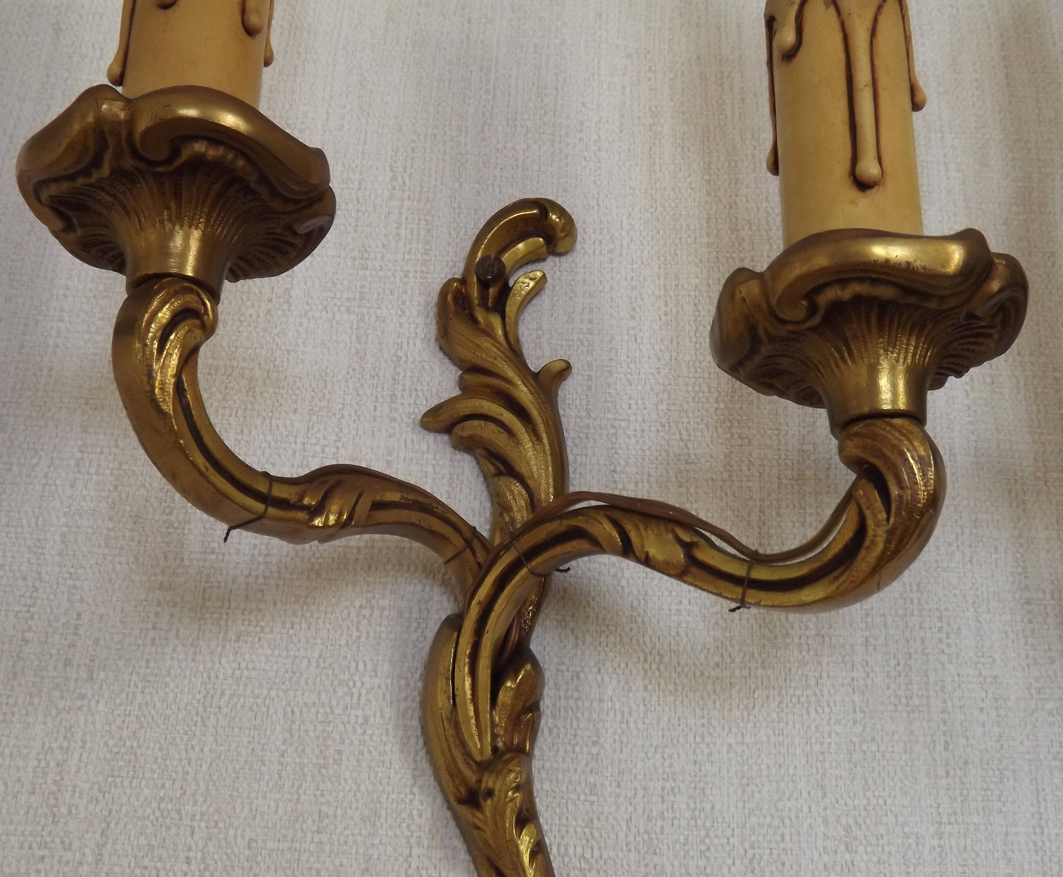 Vintage French Bronze Double Wall Sconces with Acanthus Leaf Detail 5706