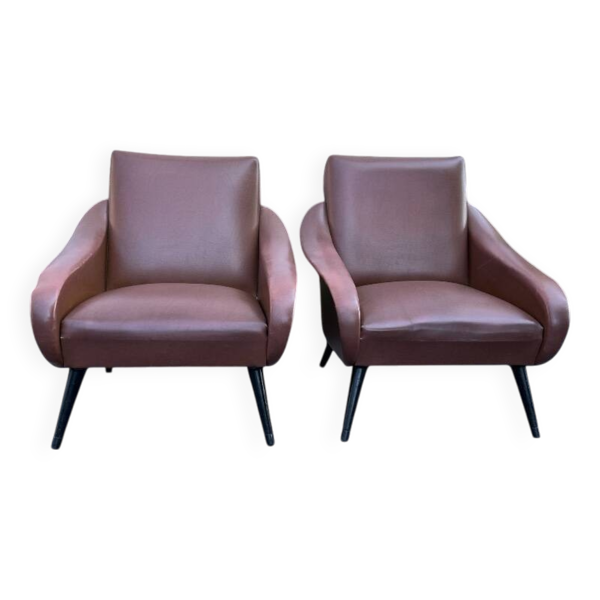 2 fauteuils vintage en skaï marron