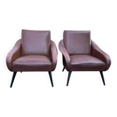 2 fauteuils vintage en skaï marron