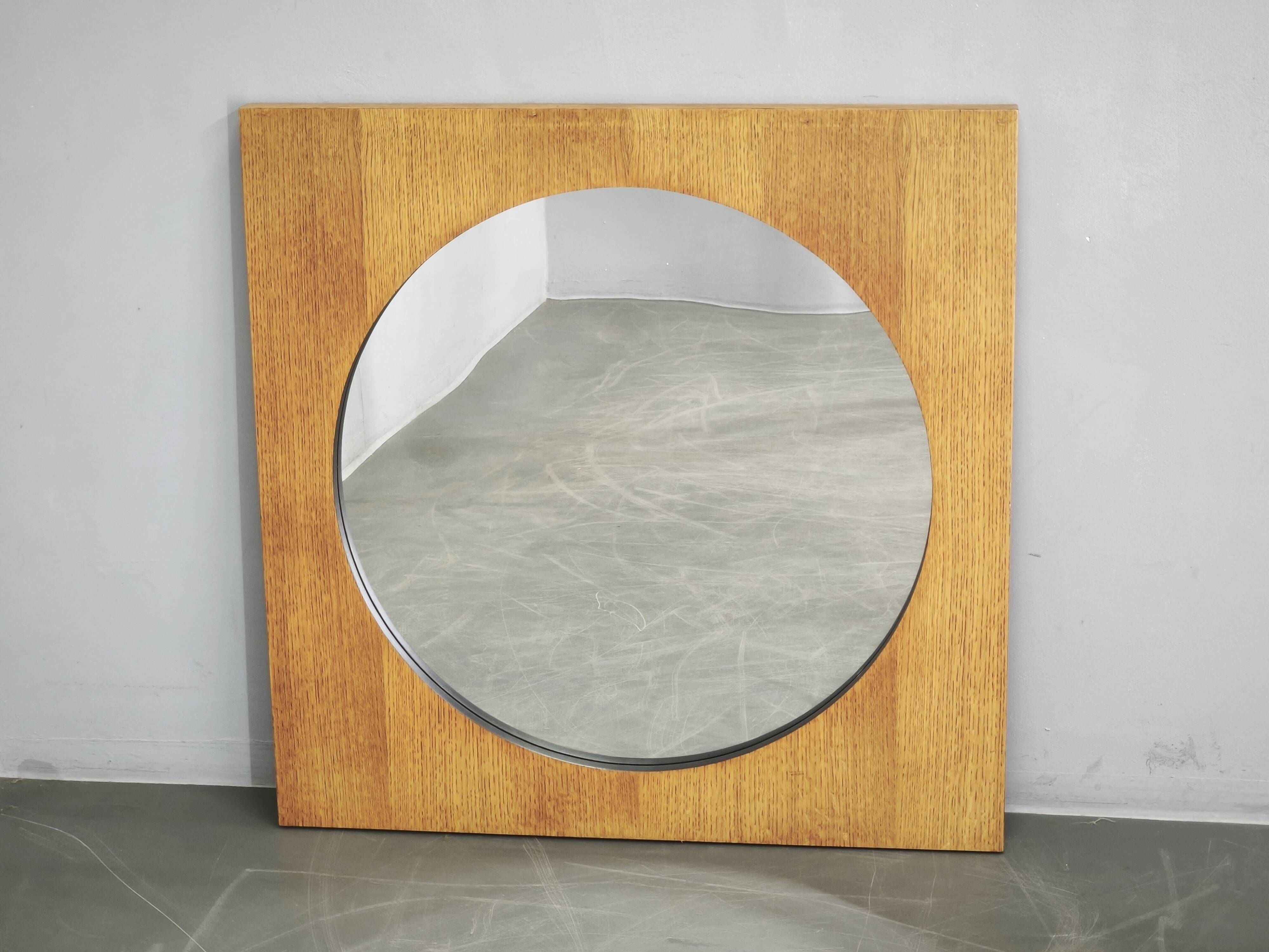 Vintage 1970s Czech Oak Veneer Square Mirror with Circular Glass