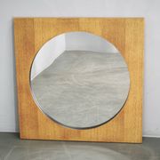 Miroir carré en placage de chêne tchèque des années 1970 avec verre circulaire