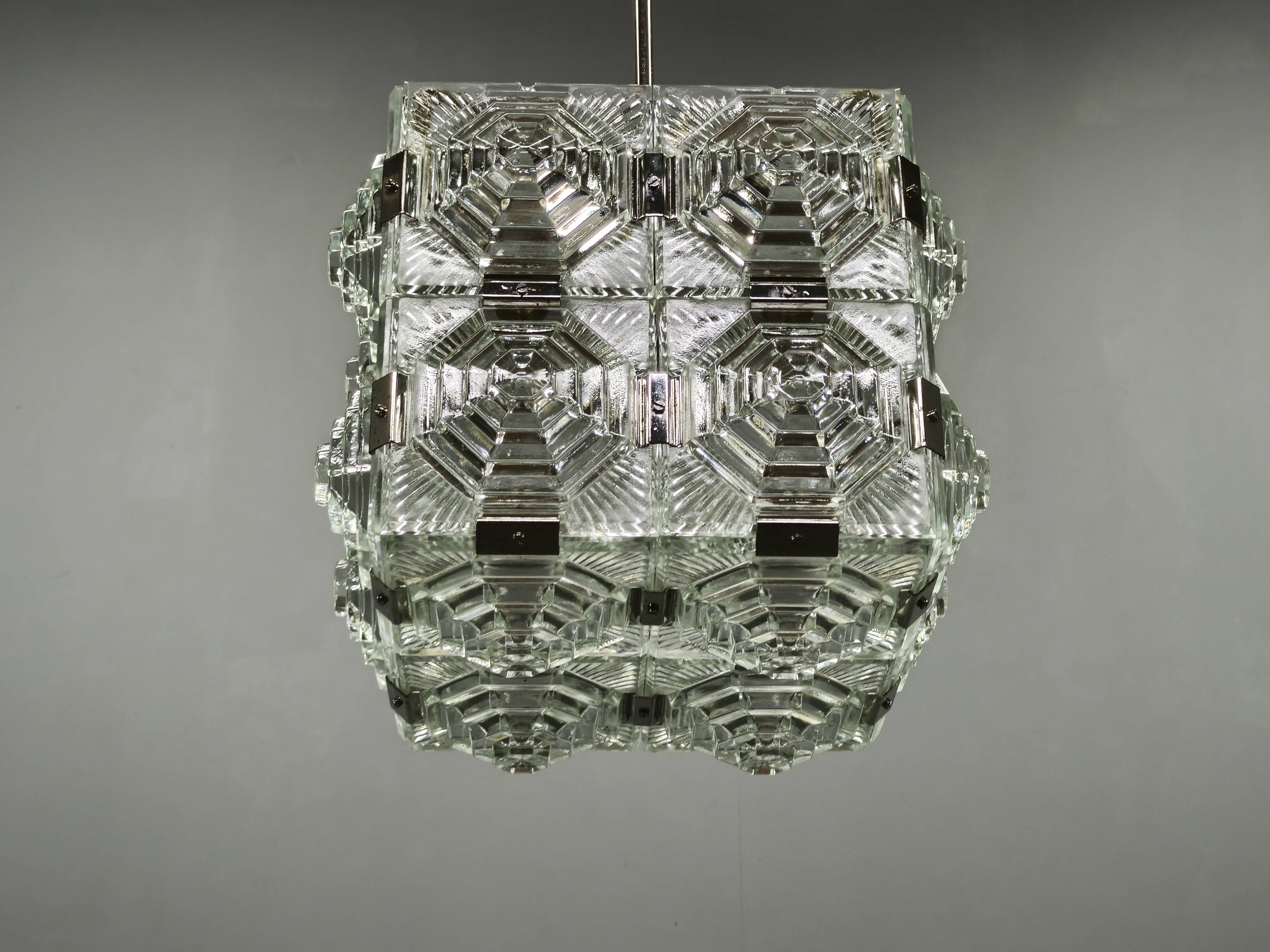1970s Brutalist Glass Cube Pendant, Kamenický Šenov