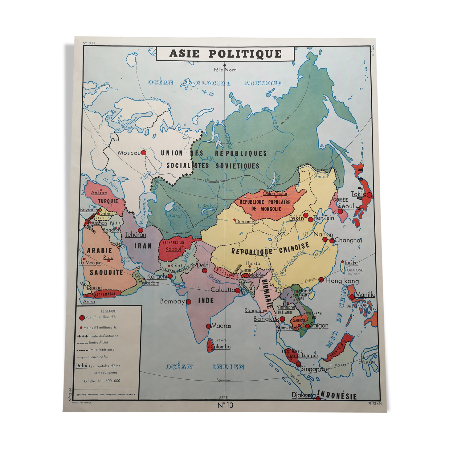 Old vintage school poster Rossignol Asia and America