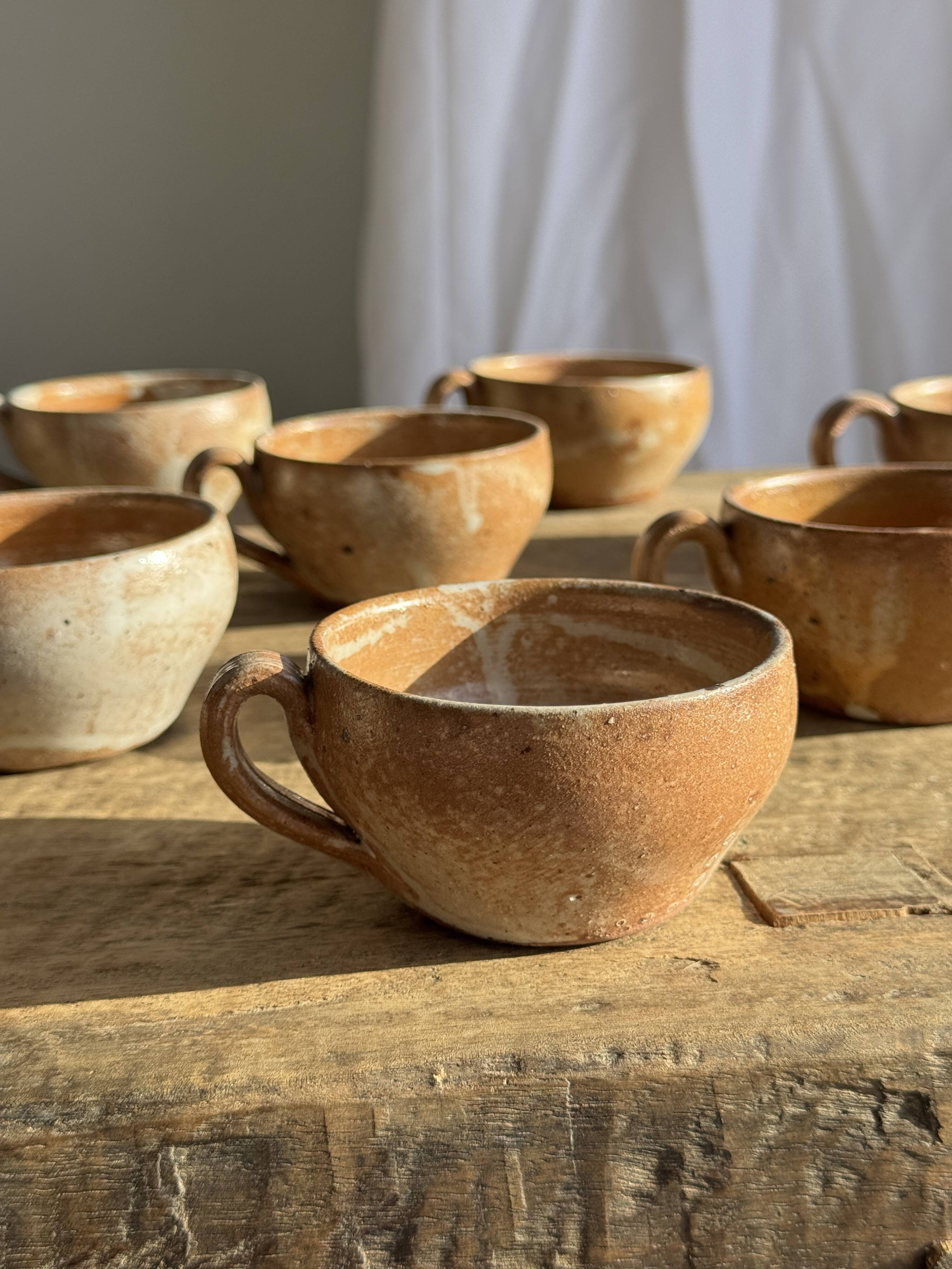 Set of 11 vintage coffee cups, raw matte stoneware H11