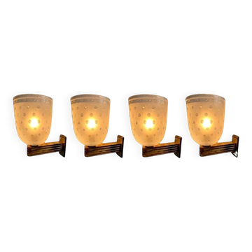 Art Deco Wall Lights in Blown Glass and Brass, Italy, 1940s, Set of 4