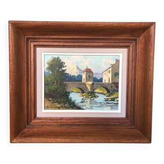 Oil painting on canvas s. audrey riverside + wood frame #a218