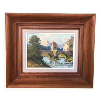 Tableau huile sur toile s. audrey bord de rivière + cadre bois #a218