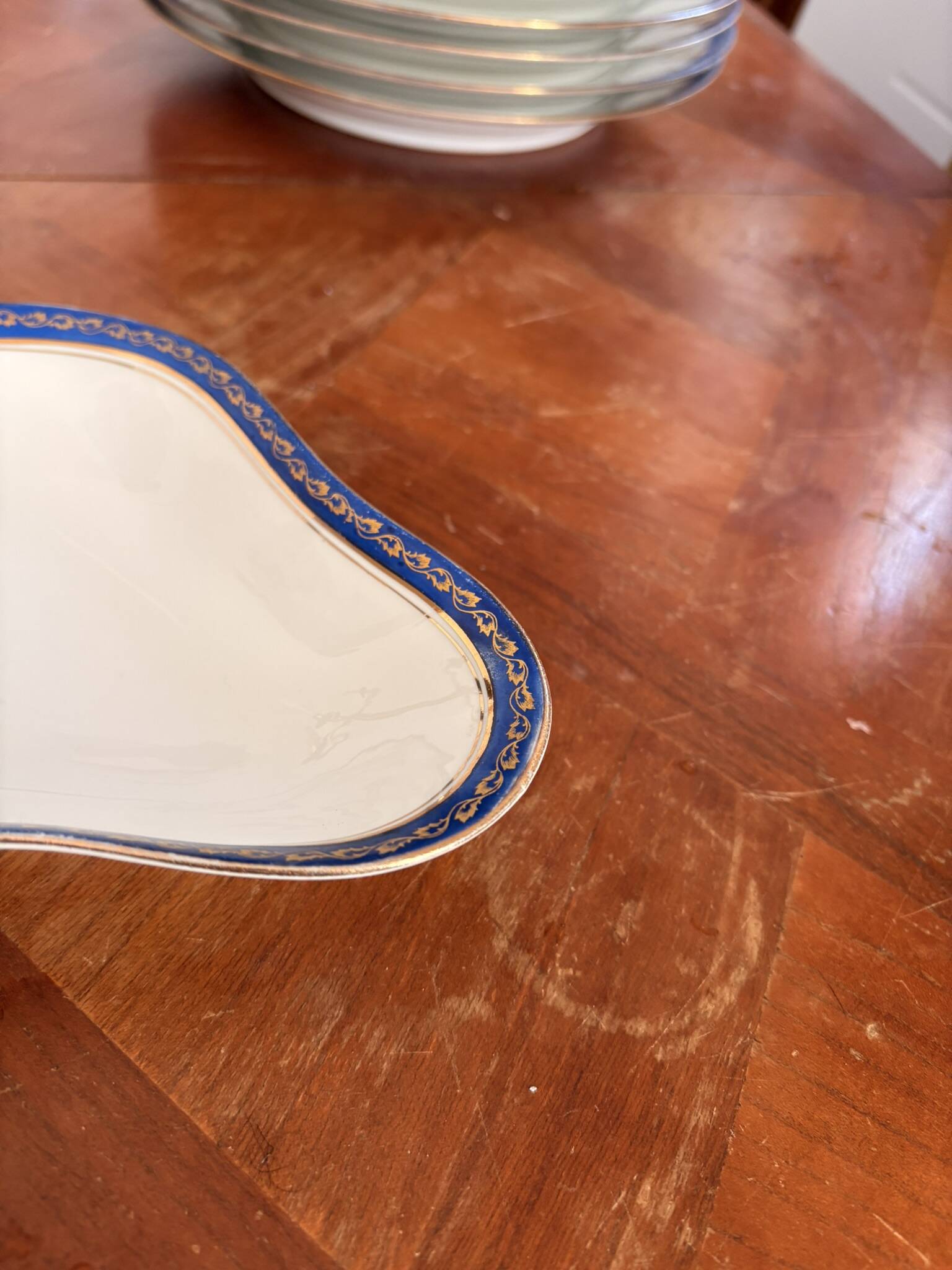 Plate, Ramekin, Salad Bowl 23cm, Limoges Porcelain, Blue and Gold, Betoule