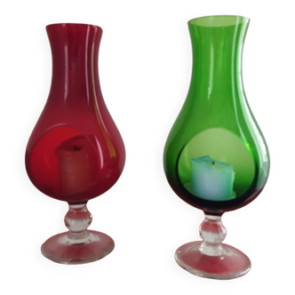 Bougeoirs en verre vert  et rubis vintage. Photophore vert rubis vintage. Verrerie ibérique. Lot de 2 photophores