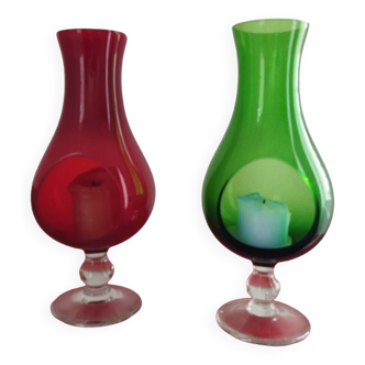 Vintage green and ruby glass candle holders. Vintage ruby green tea light holder. Iberian glassware. Set of 2 tealight holders