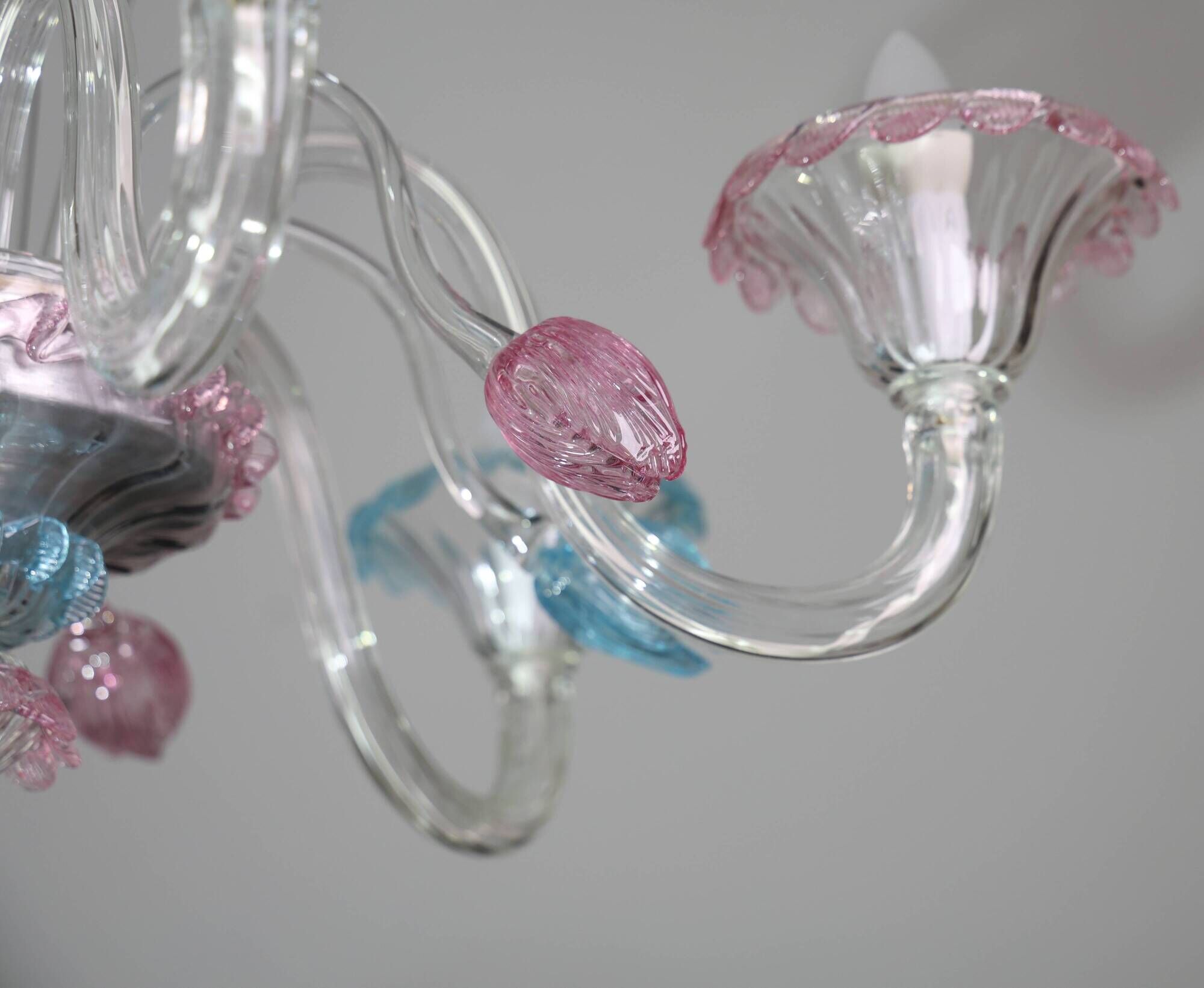 "Amsterdam" Large Size Vintage Pink and Blue Tulip Murano Glas Chandelier,