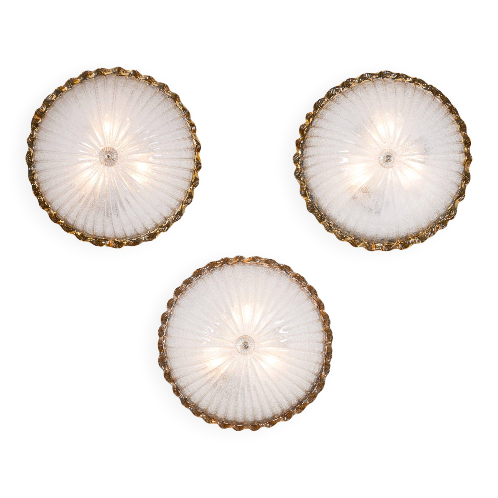Vintage 20thc set of three frosted glass & brass wall lights, murano c.1980