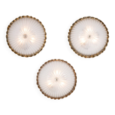 Ensemble vintage de trois appliques en verre frosté et bronze, murano c.1980