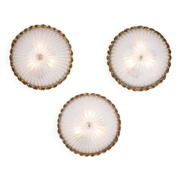 Vintage 20thc set of three frosted glass & brass wall lights, murano c.1980