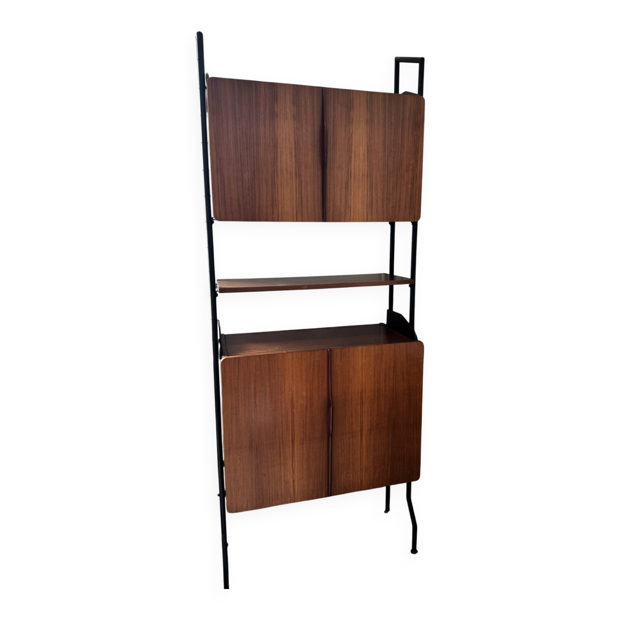 Modular vintage library in teak and black metal — Italian design,