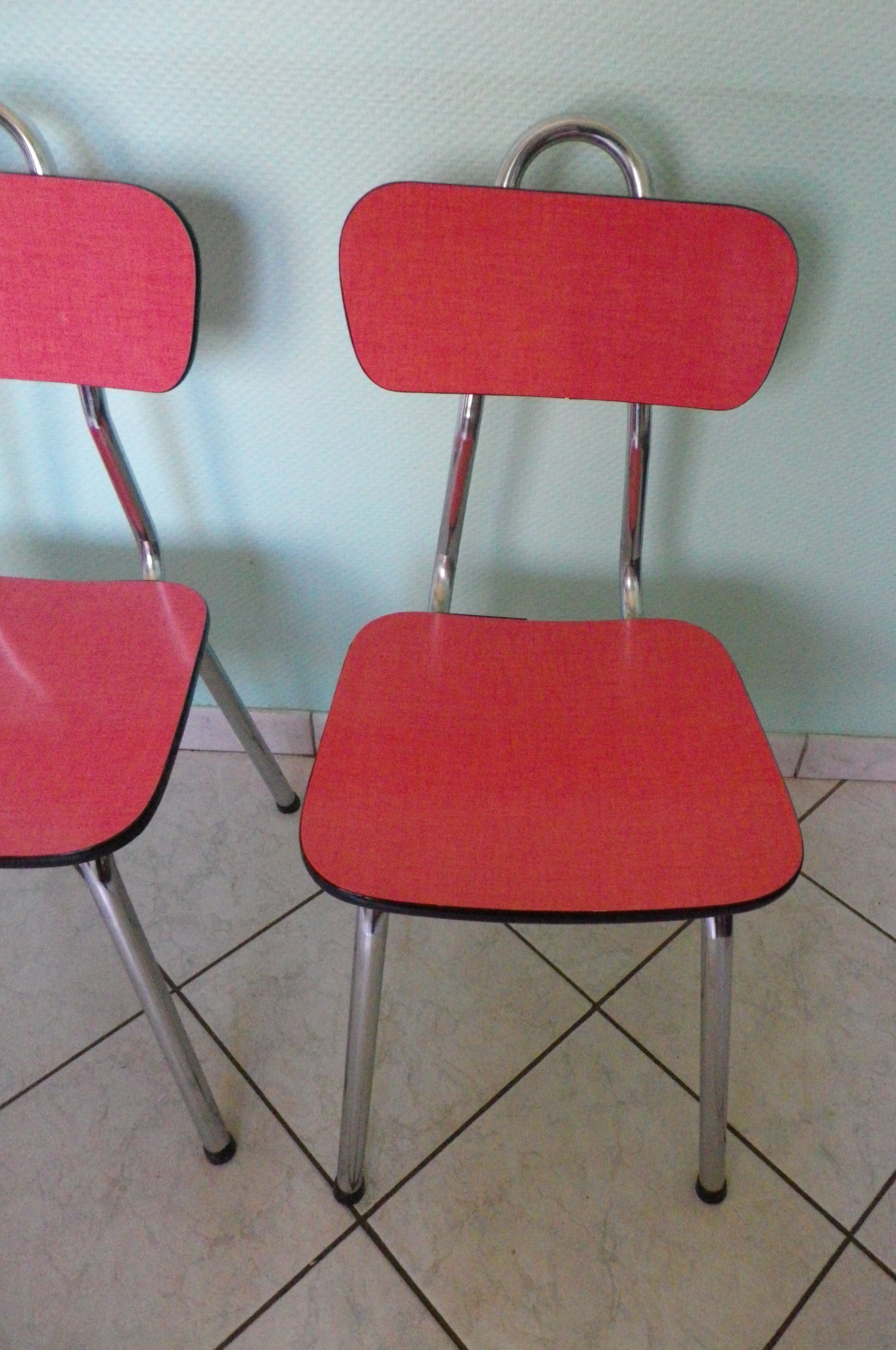 Lot of 2 chairs in red formica with tubing 60s