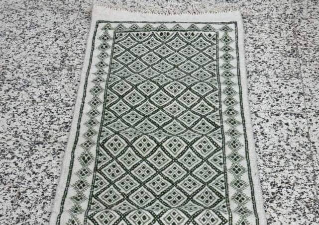 Handmade green and white margoum hallway rug in natural wool