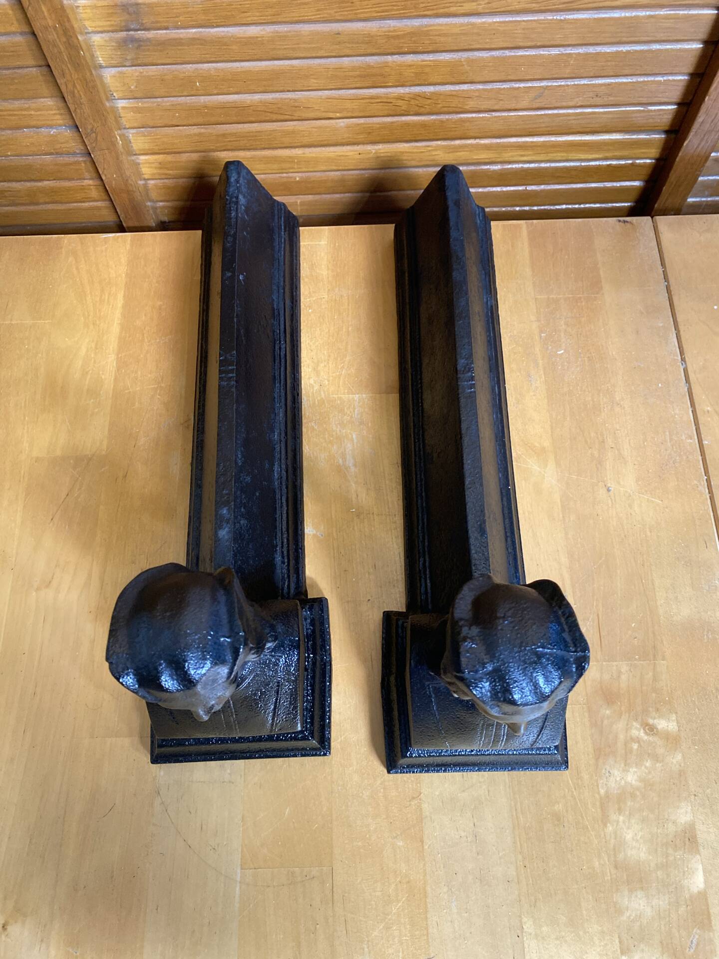 Pair of fireplace chenets raphaël man's head black cast iron vintage #e236